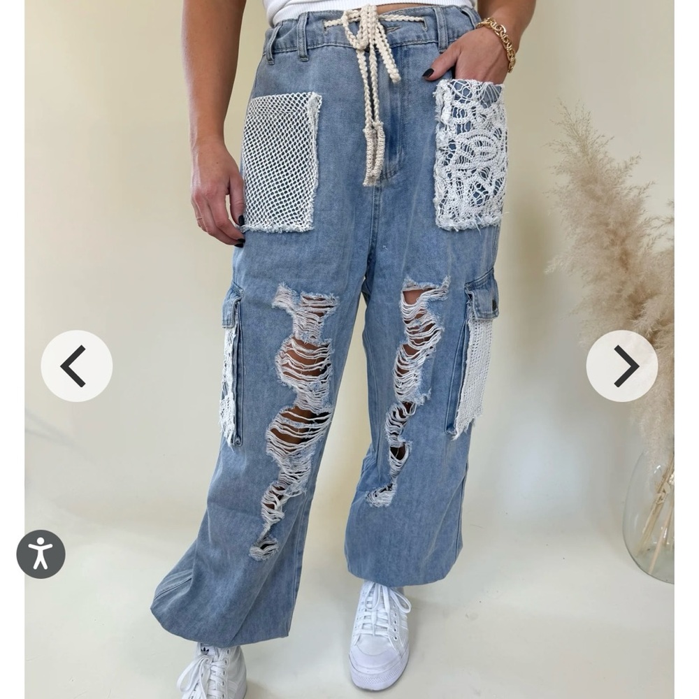 POL Blue Flare Wide Leg Jeans with Distressed Details